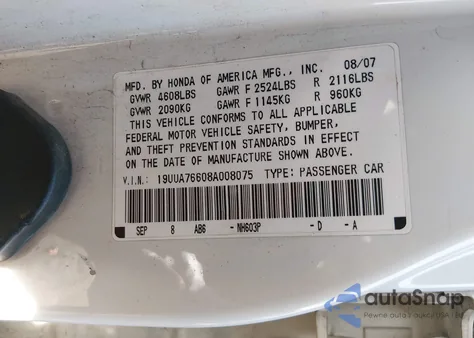 2008 Acura Tl Type S z USA, uszkodzony, nr VIN 19UUA76608A008075